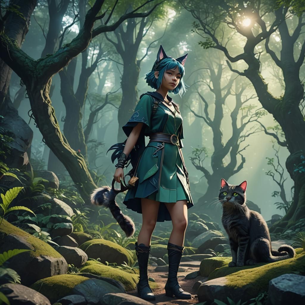 Mystical Cat Girl in Ethereal Forest: Fantasy Art