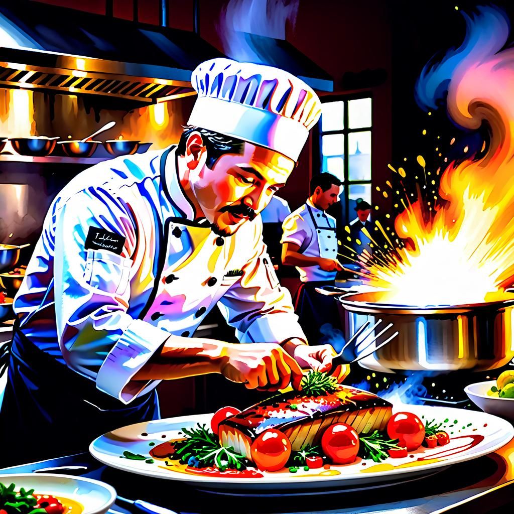 lively photo featuring a chef passionately preparing a signature dish