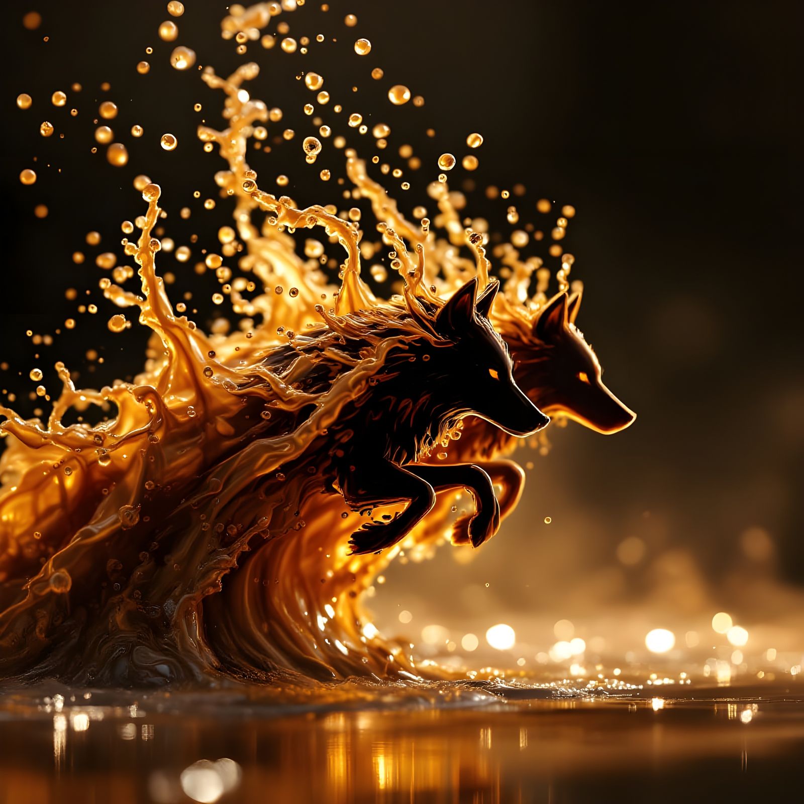 Coffee Splash Forms Leaping Wolves with Sparkles