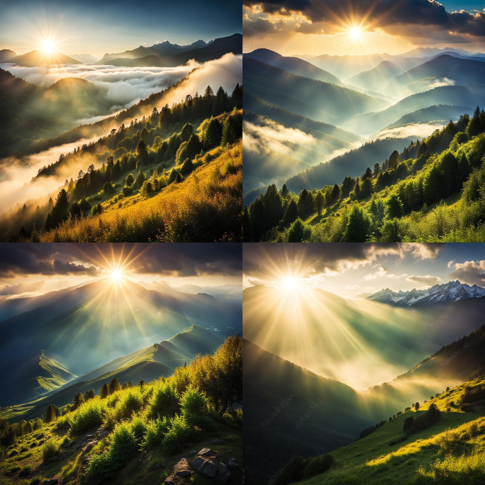 Misty Mountain Landscape with Heavenly Sunshine