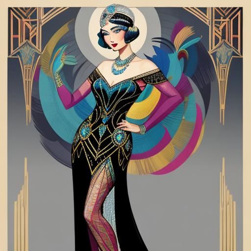 Art Deco Woman in Flapper Gown with Jewel Headdress