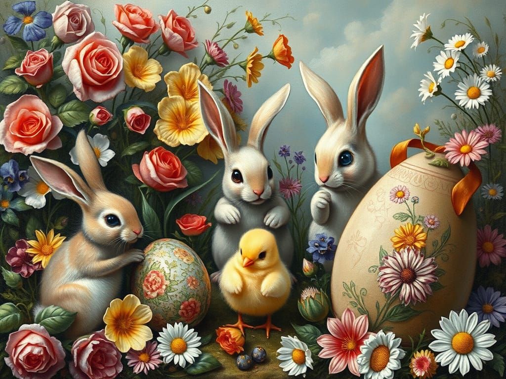 Whimsical Bunnies Play Among Flowers in Renaissance Style