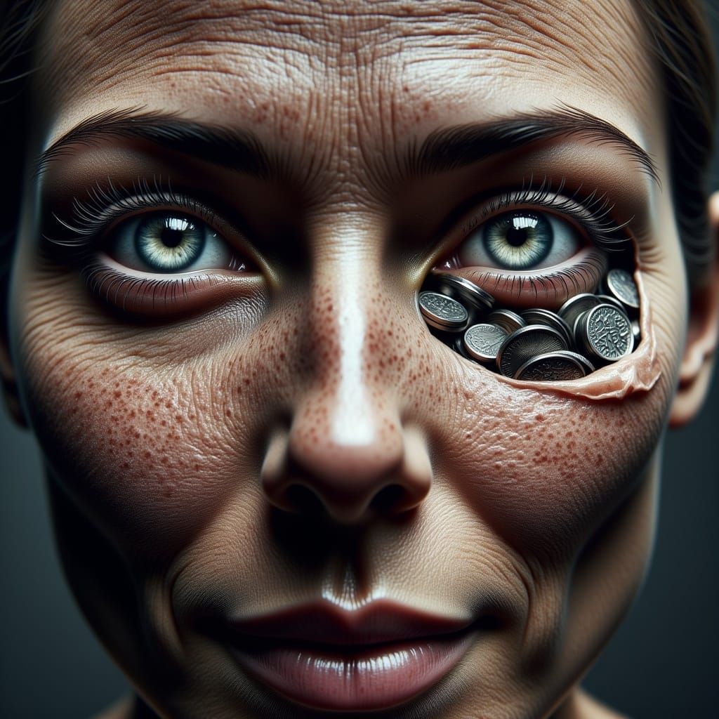 Hyperrealistic Torn Face Reveals Silver Coin Interior