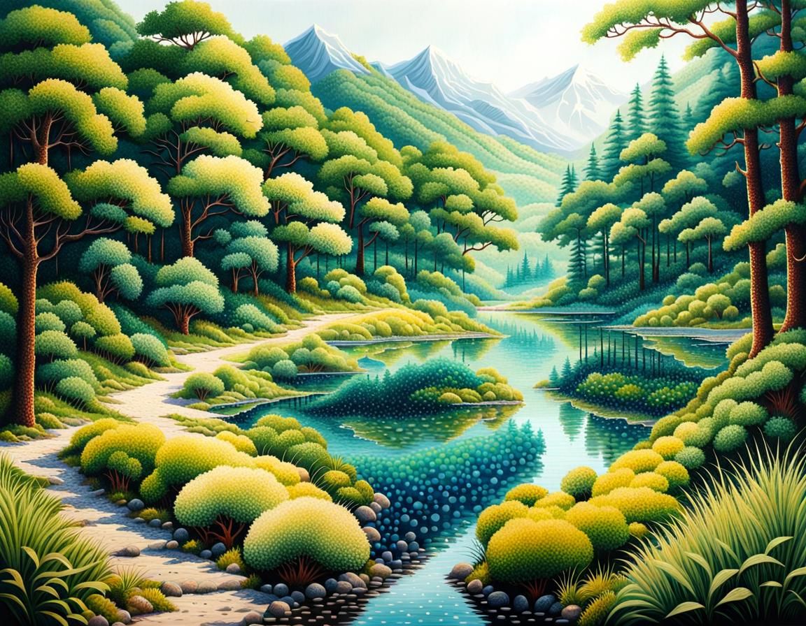 Detailed Pointillist Landscape with Dot Composition