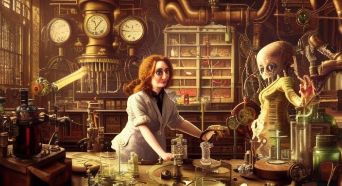 Doctor Frankenstein Assembling a Monster in Steampunk Style