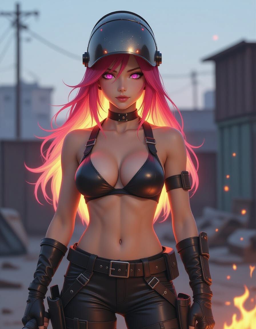 Sci-Fi Anime Woman with Glowing Hair in Scrapyard