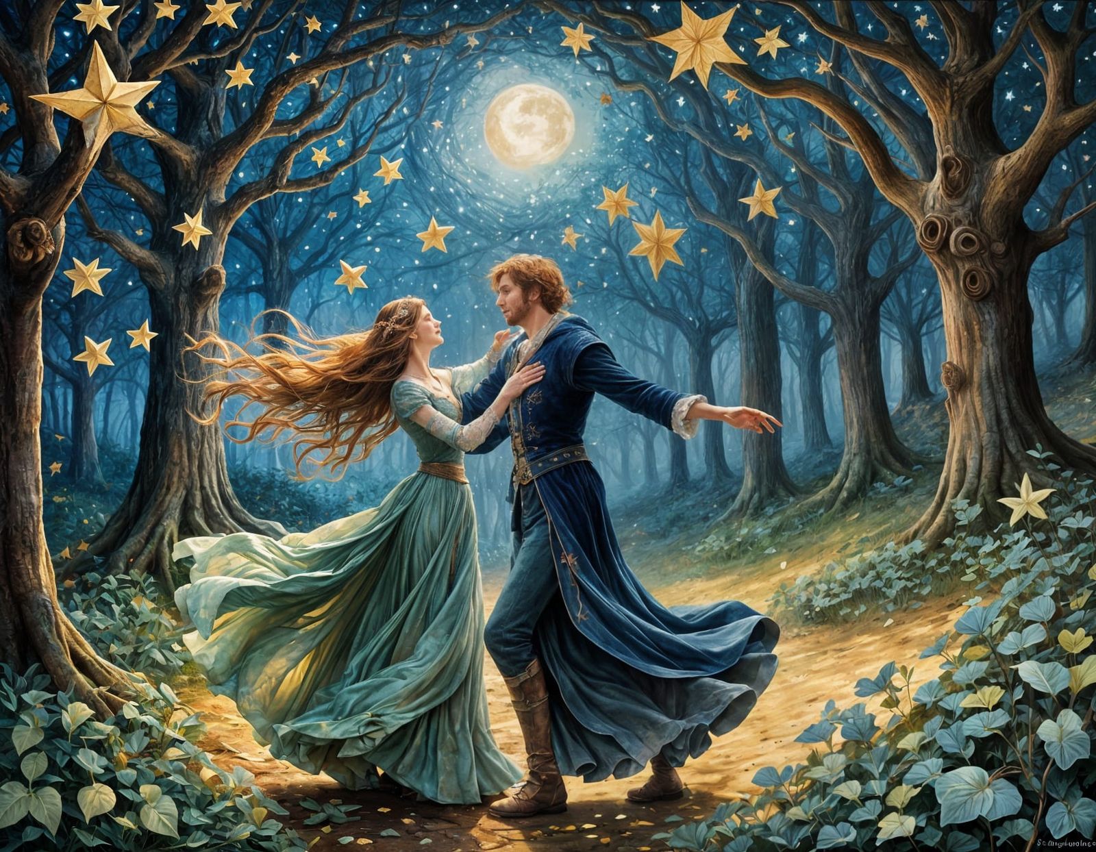Medieval Lovers Dancing Under a Starry Sky