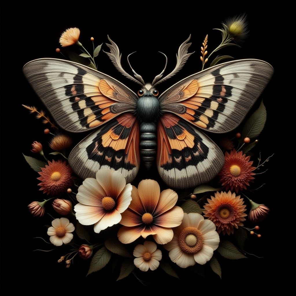 Realistic Moth on Vintage Flowers in Moody Botanical Style