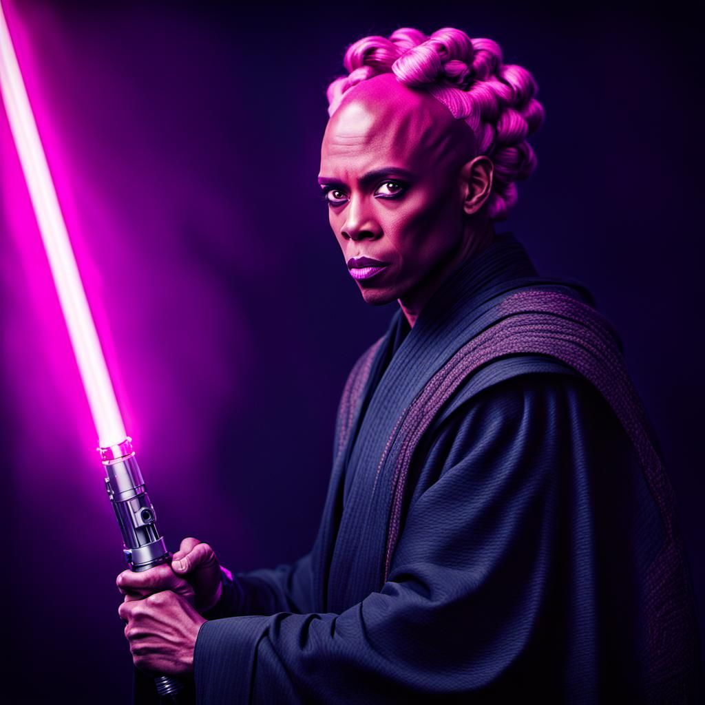 RuPaul as Jedi Master with Pink Lightsaber