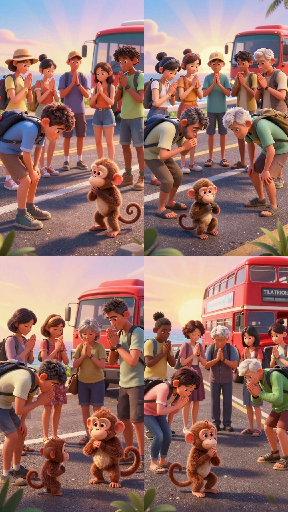 Tourists Thank Monkey on Coastal Road in Photorealistic Styl...