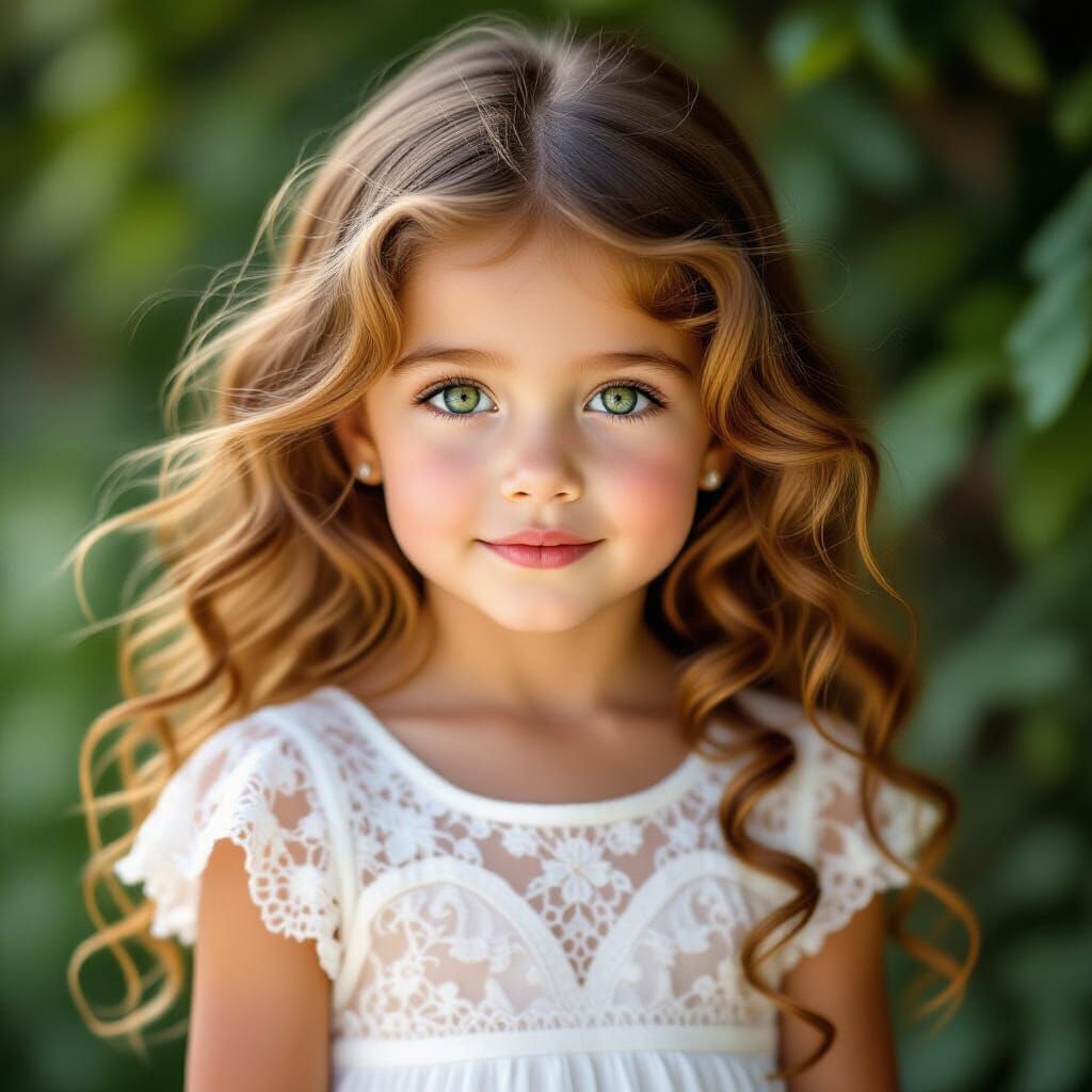 Photorealism, wind art, hand drawn, pretty little girl with long curly auburn hair green eyes, in white transparent lace...