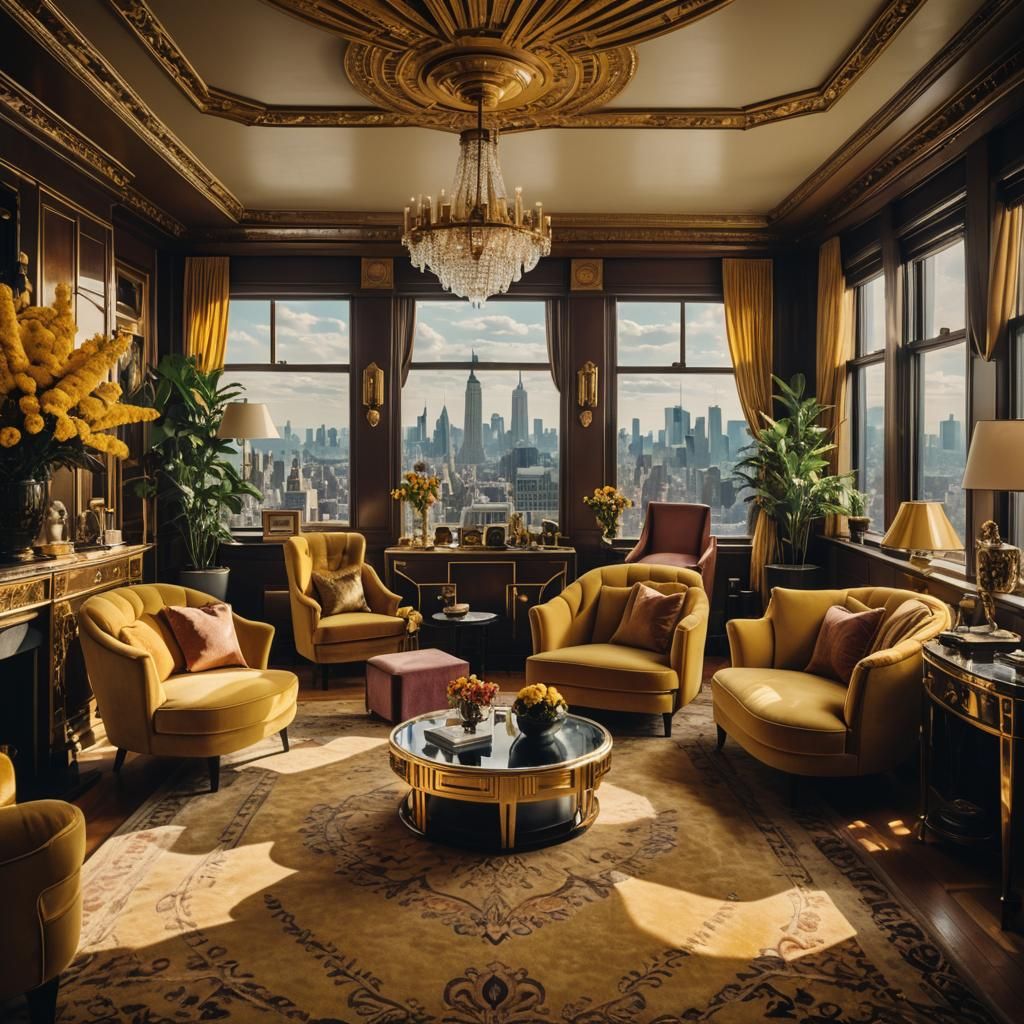 Goldenrod Puce Penthouse Interior in Art Deco Style