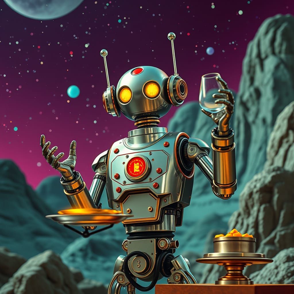 Retrofuturistic Robot Server in a Neon Dystopia