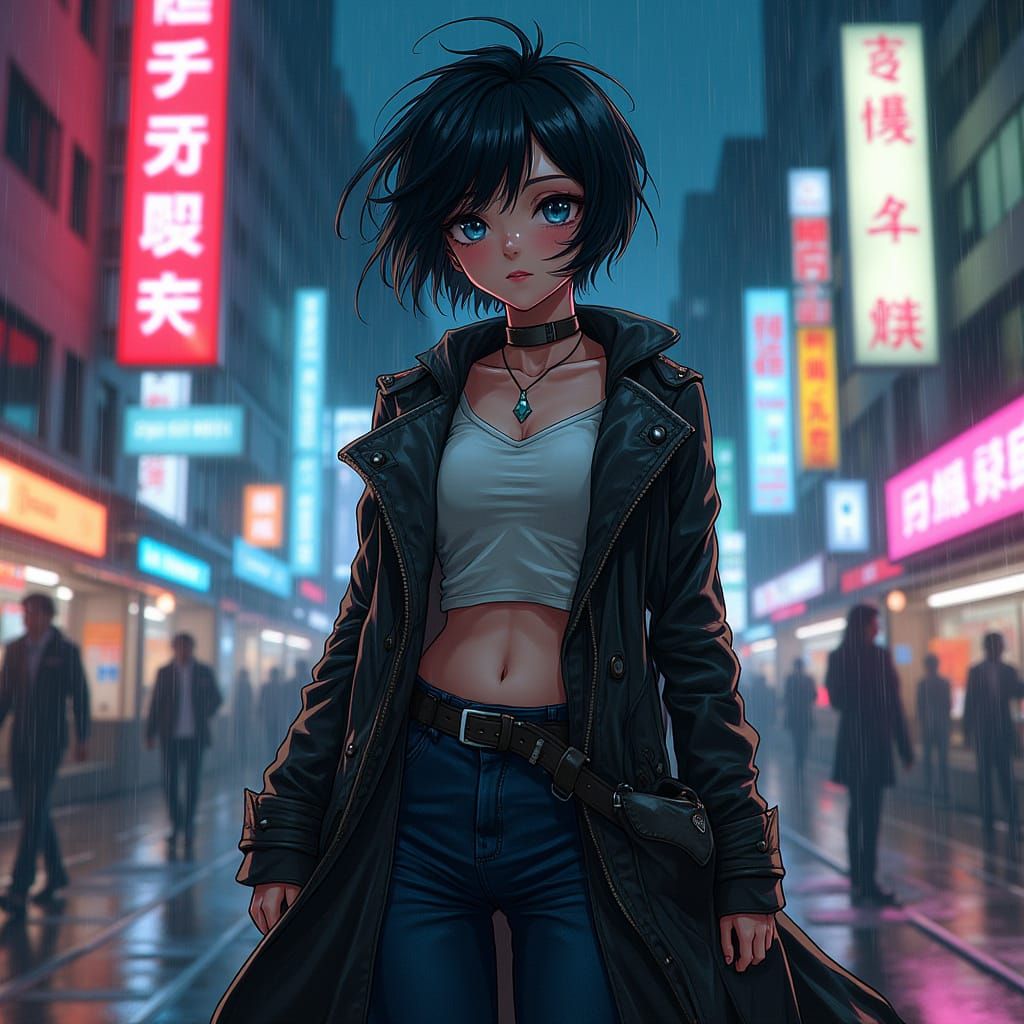 Cyberpunk Woman in Neon Cityscape, Dramatic Lighting