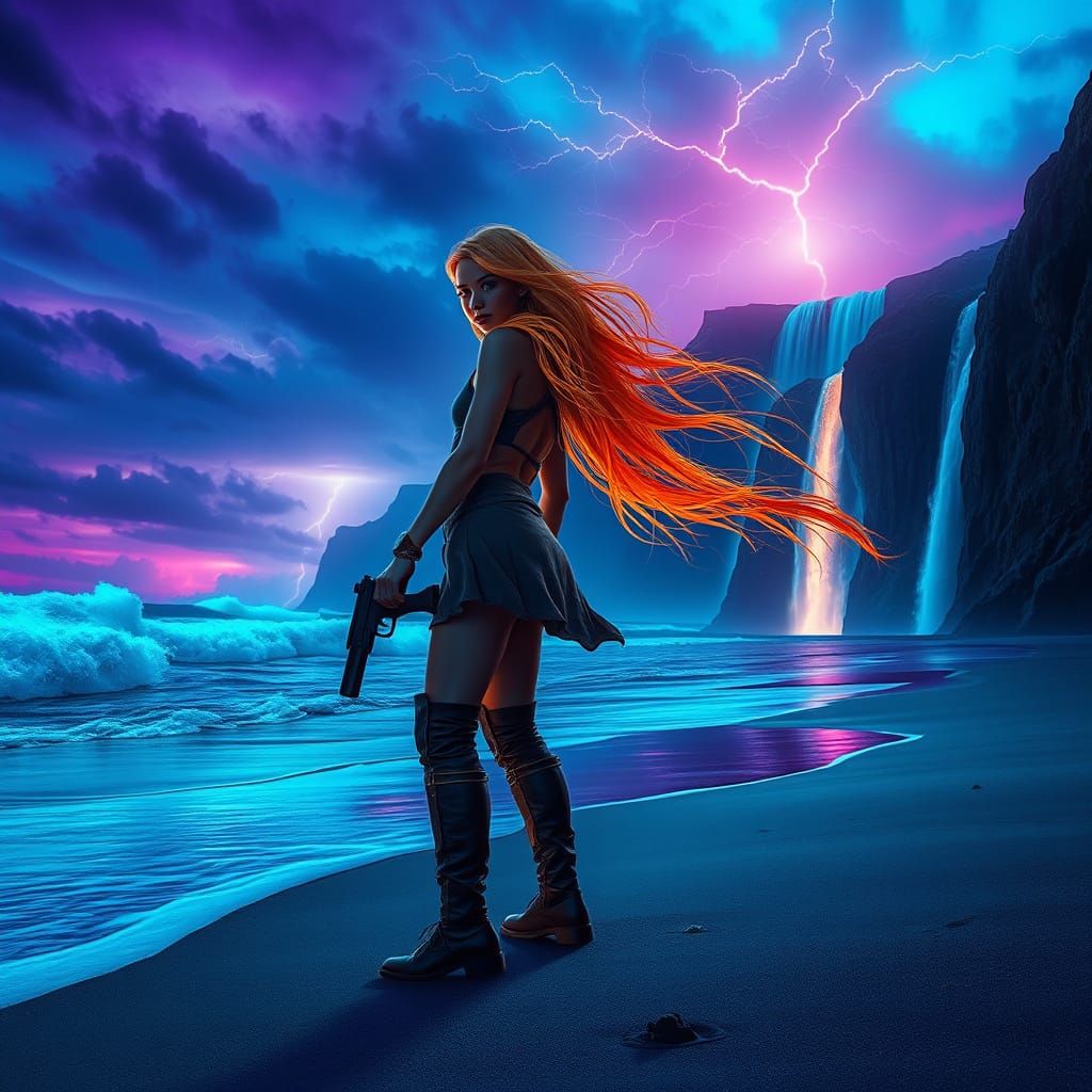 Ethereal Girl Under Vibrant Twilight Sky