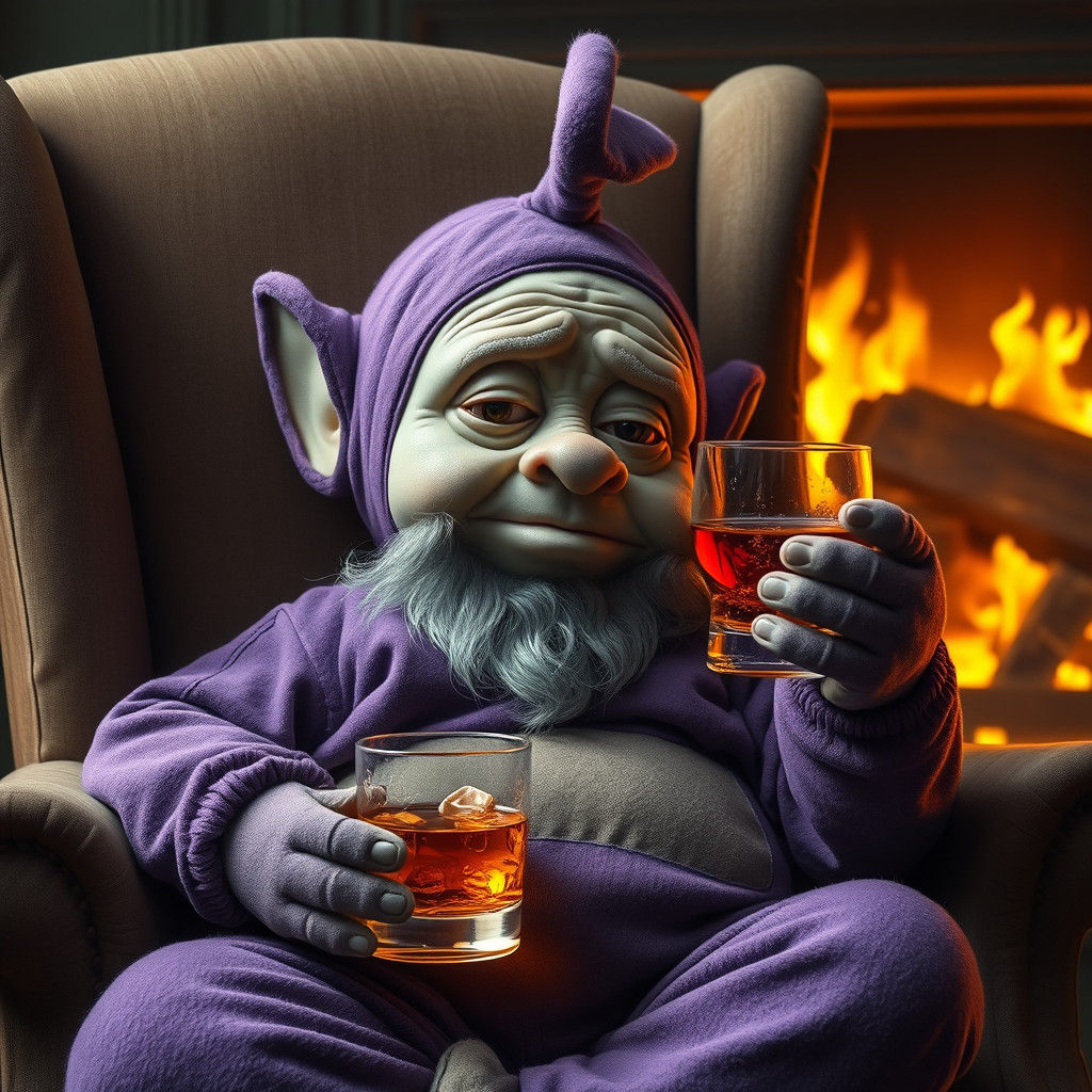 Aged Tinky Winky in Photorealistic Style