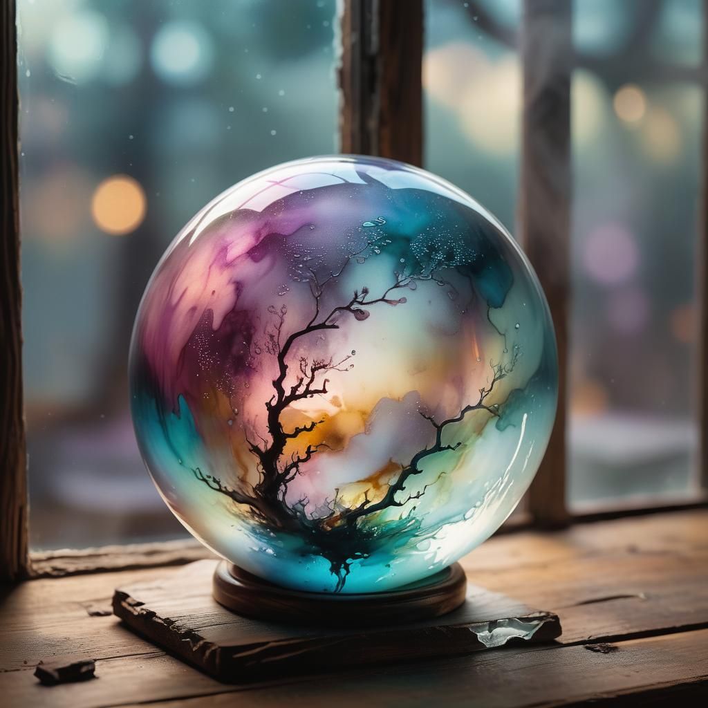Glass Sphere with Swirling Mist: Alcohol Ink Art