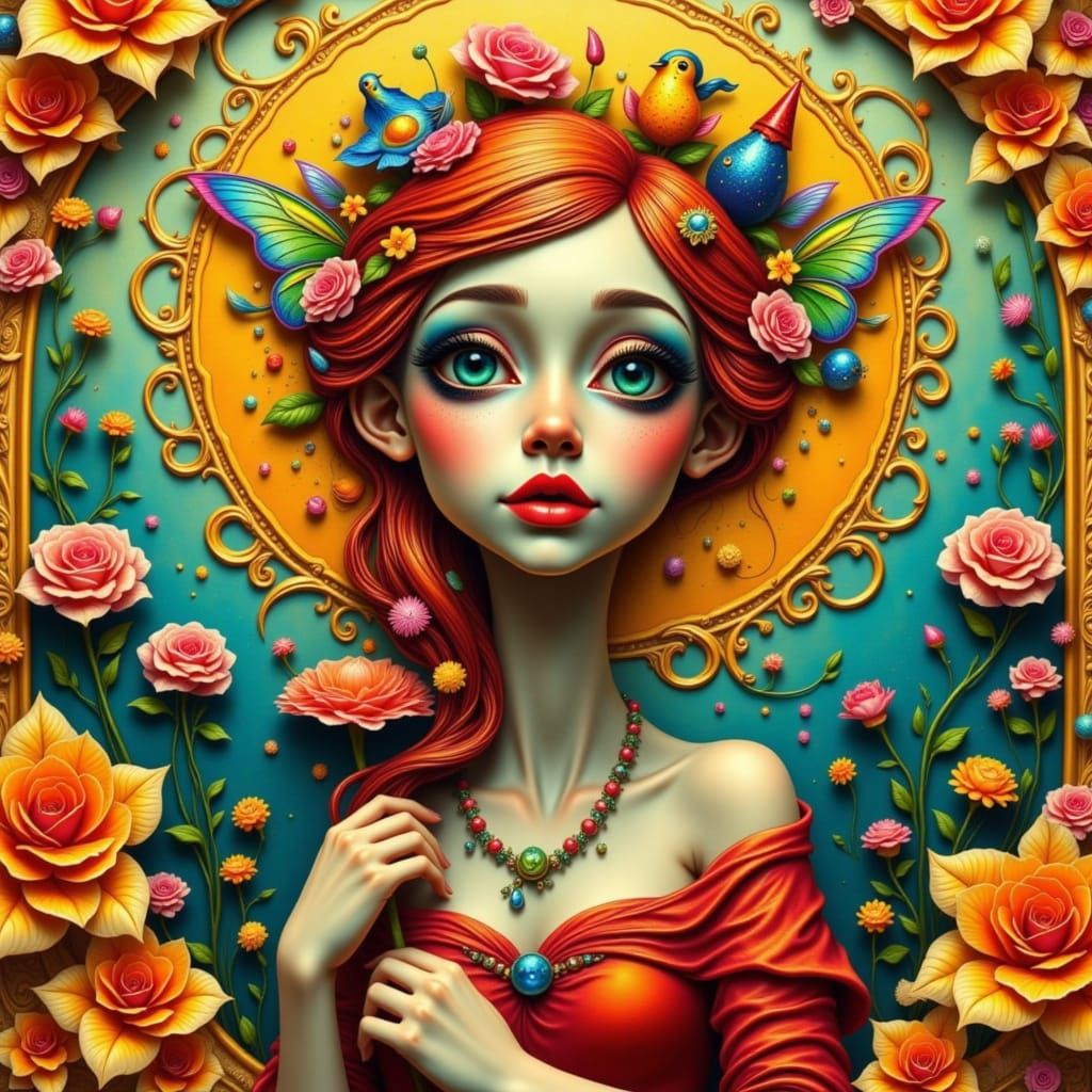 Whimsical Nouveau Pixie Embossed in Rich Plaster Background