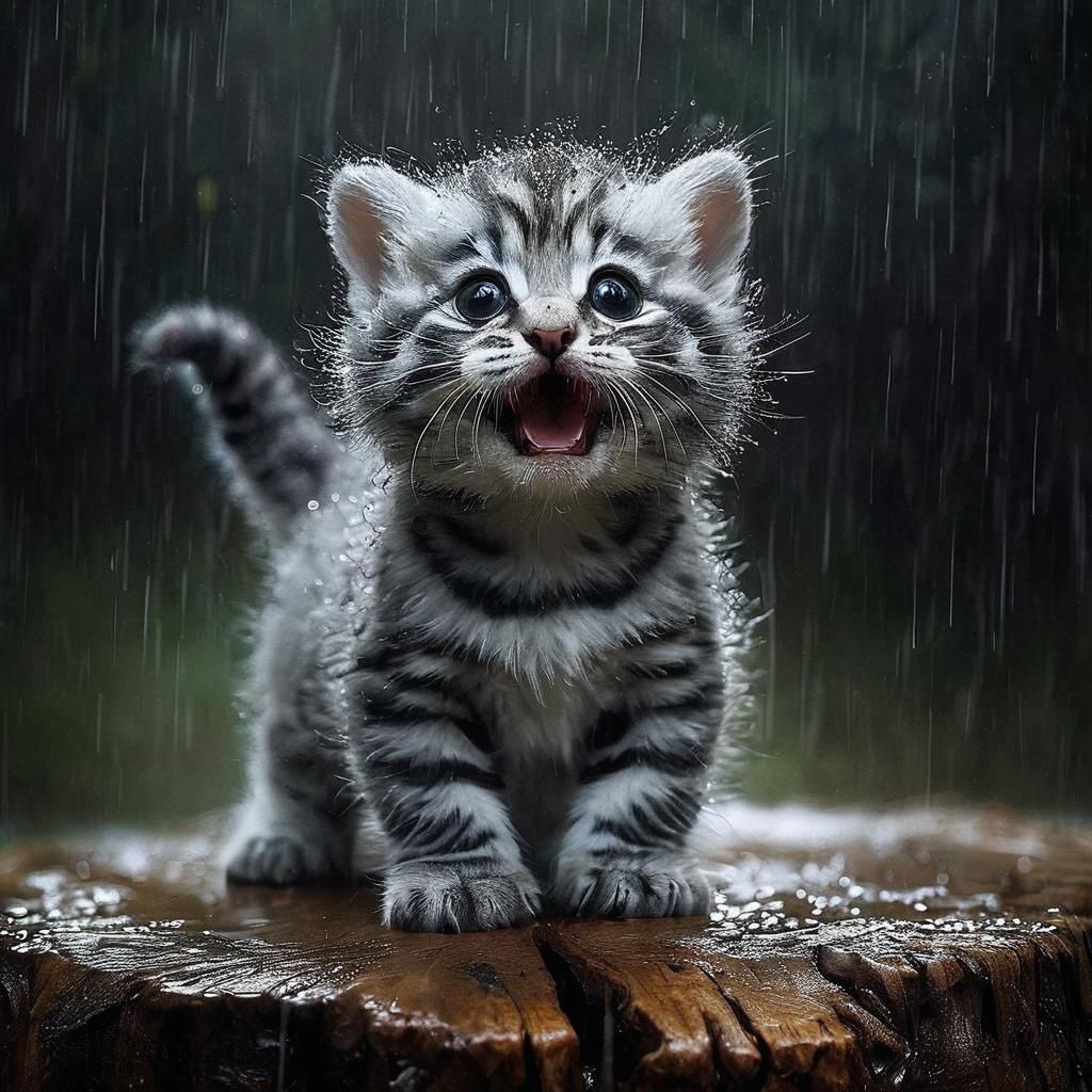 Playful Grey Tiger Kitten in Rainy Jungle