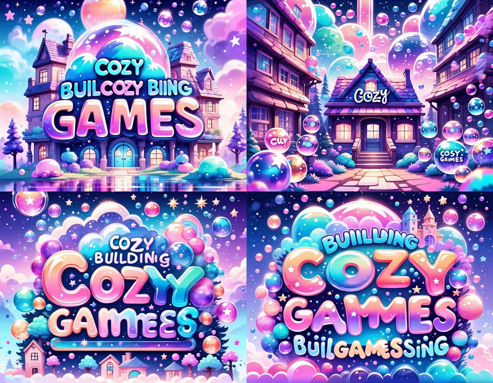 Cozy Building Games YouTube Banner in Pastel Bubbles