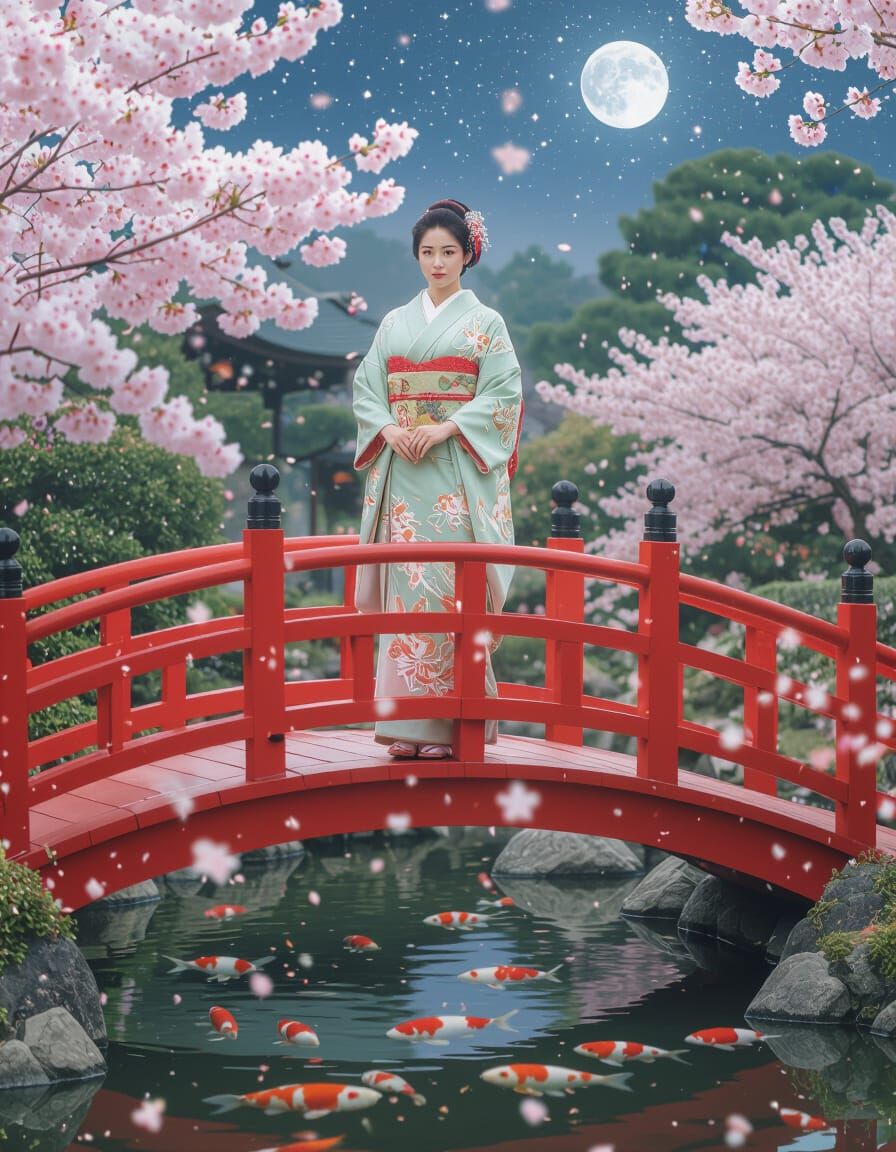 Japanese Woman in Green Kimono, Ethereal Fine Art