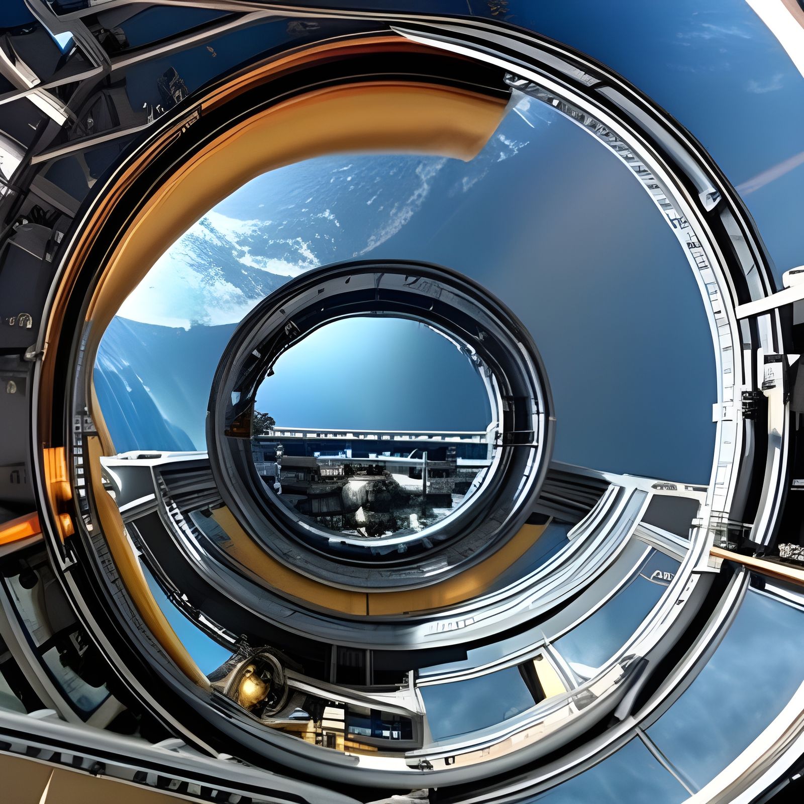 Futuristic Orbital Station Office with Steampunk Engine View