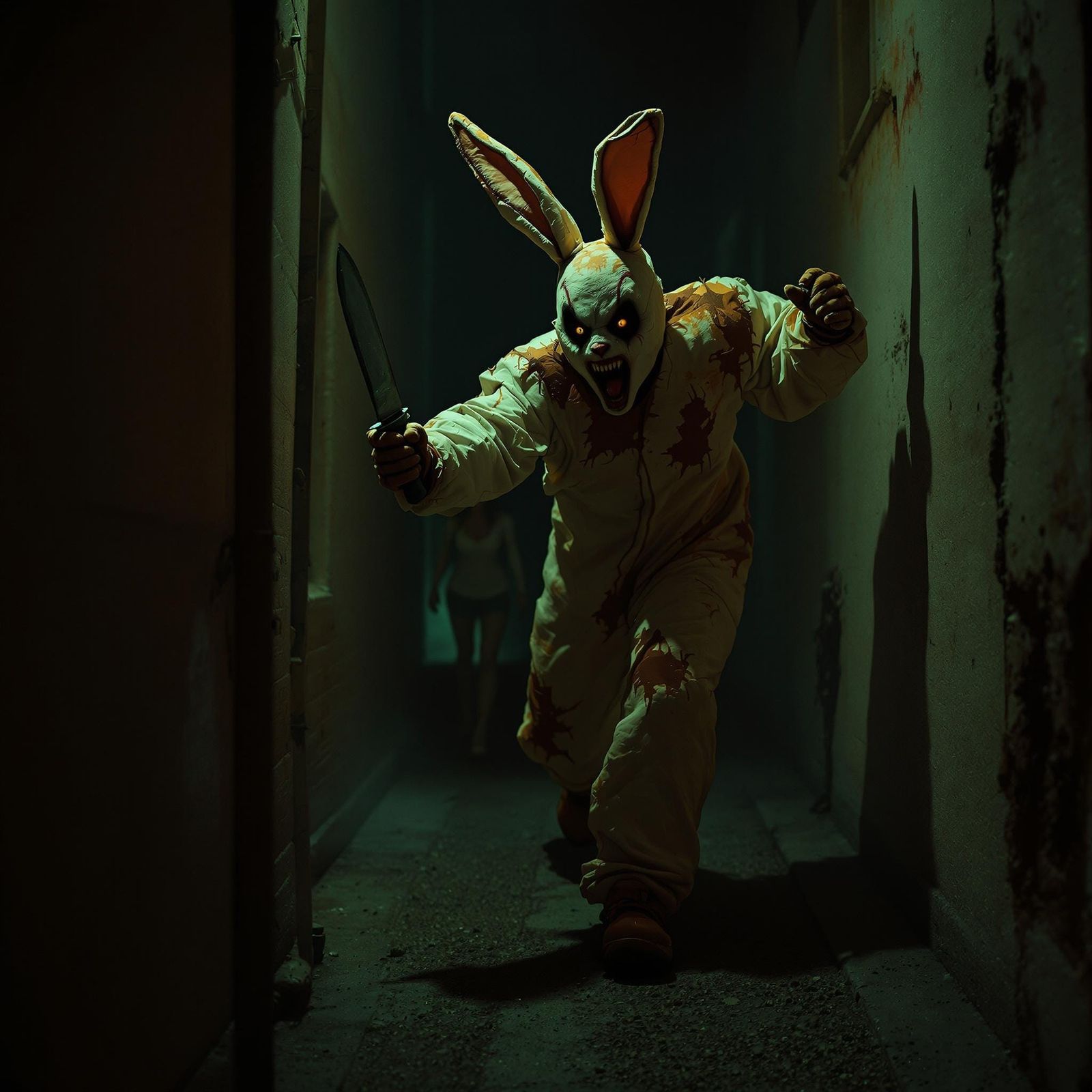 Menacing Rabbit Figure Chases Terrified Woman Through Dark A...