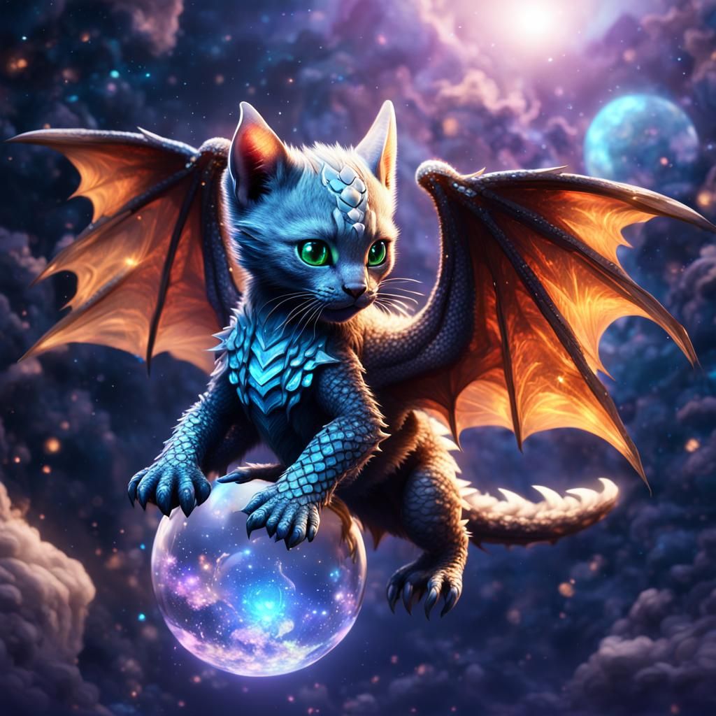 Dragon Kitten with Crystal Wings in Space
