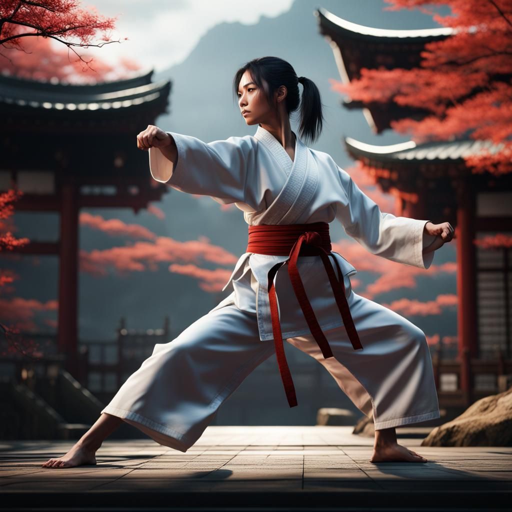 Japanese Woman Practicing Karate in Detailed Painting
