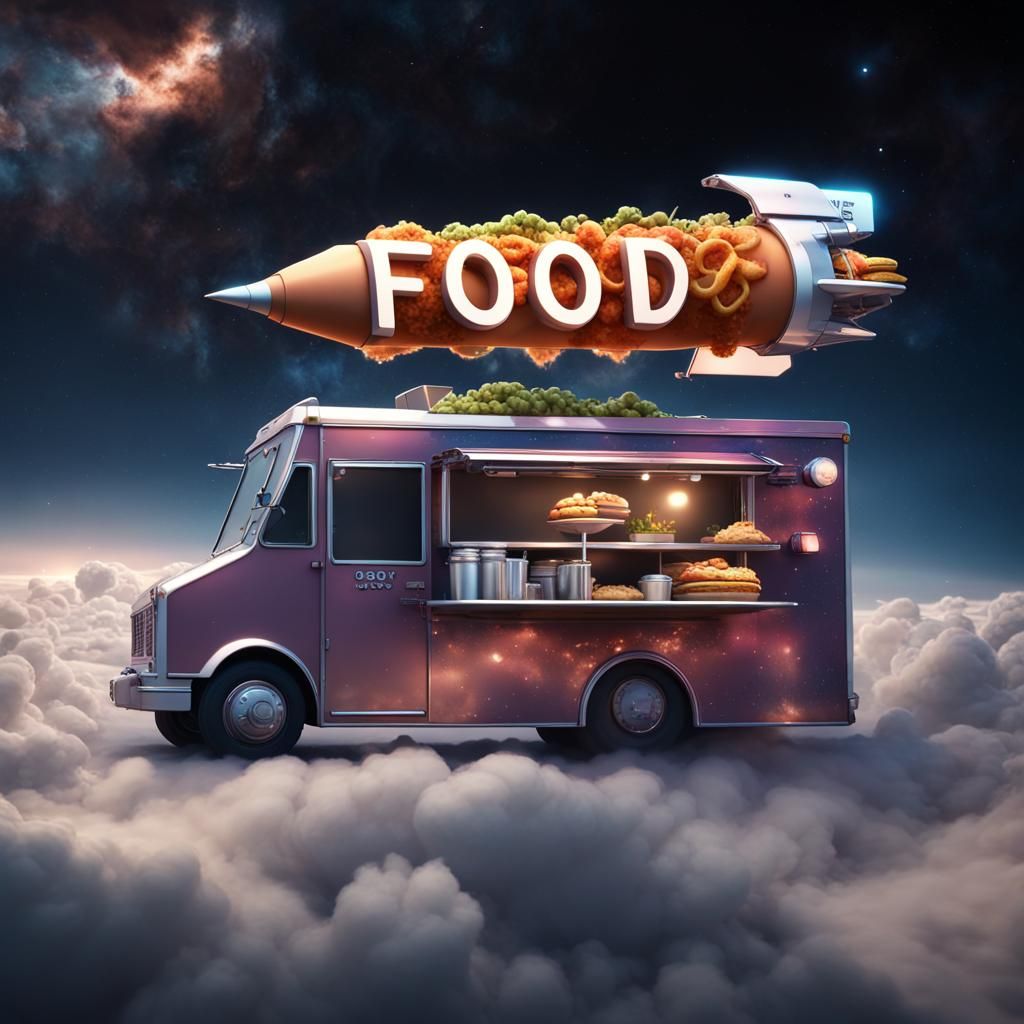 Futuristic Rocket Food Truck in Galaxy Night Sky