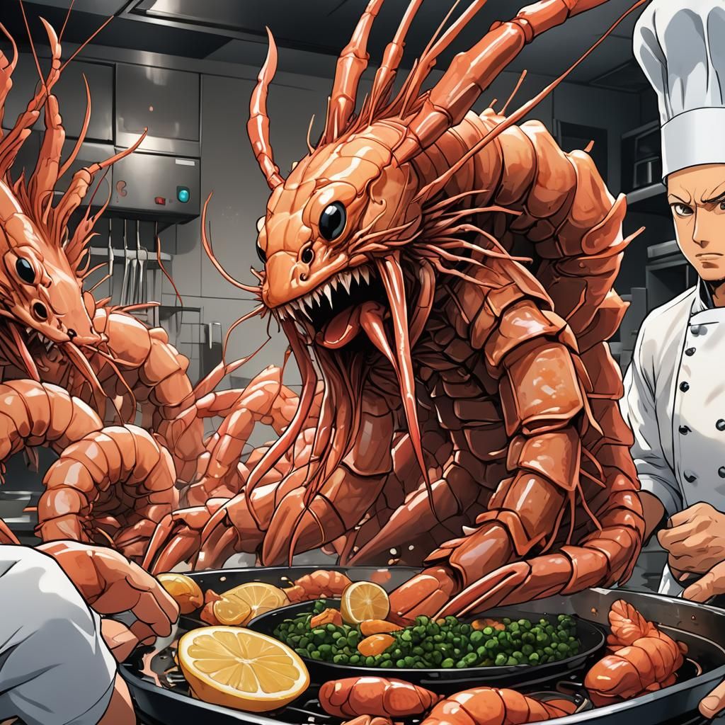 Giant Shrimp in Chef's Kitchen, Anime Style