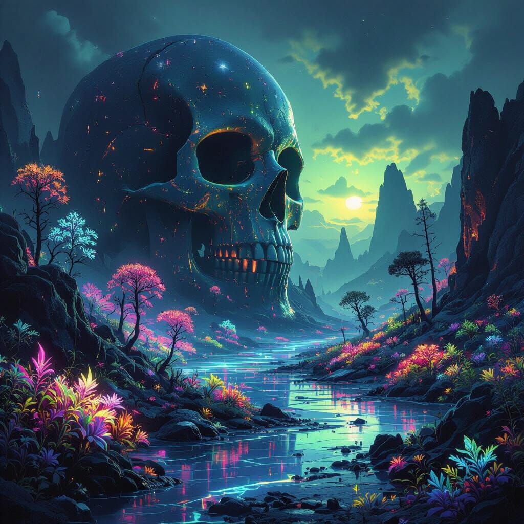 Bioluminescent Alien Landscape with Glowing Flora