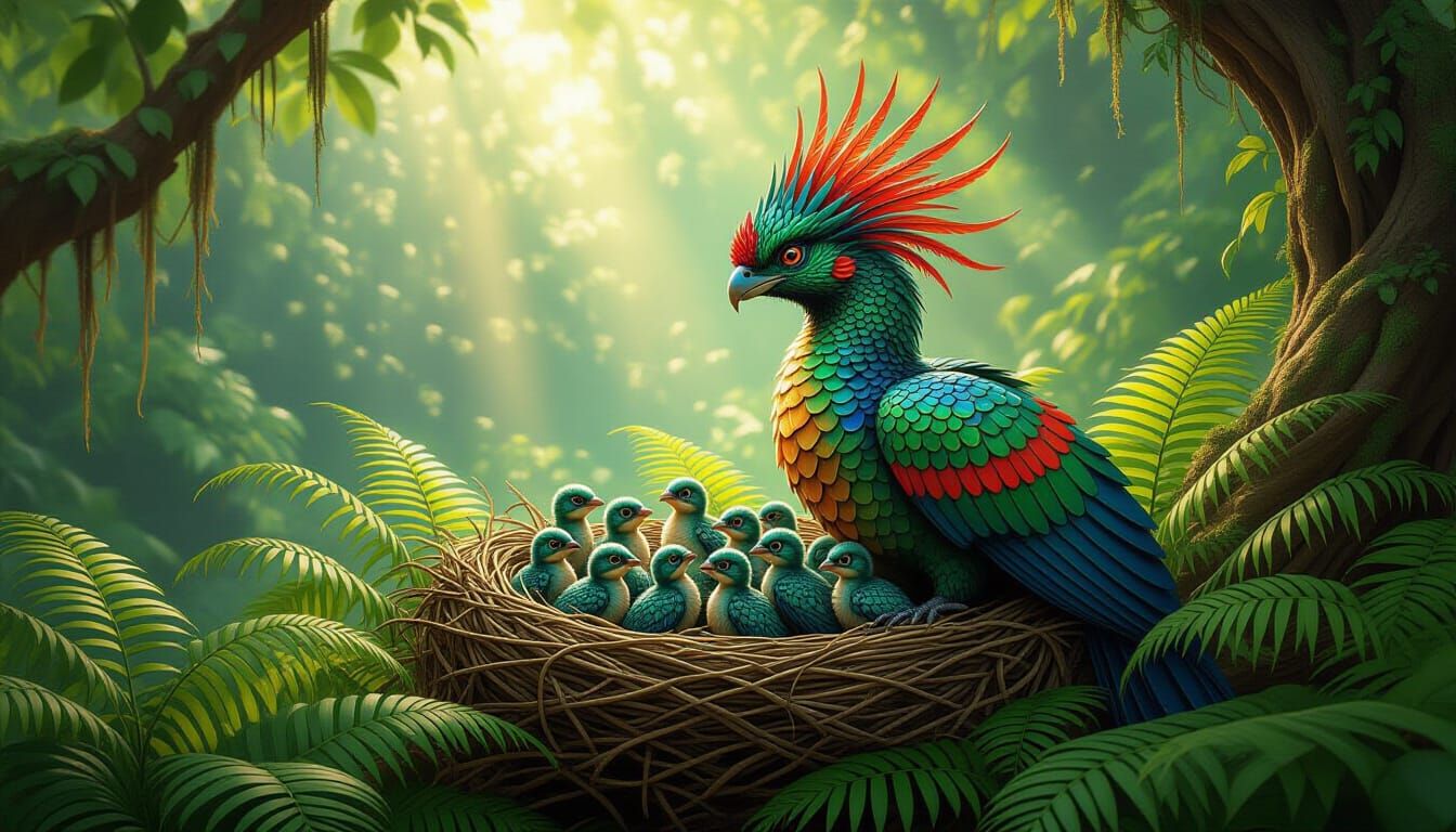 Mother mythical bird guards many baby mythical birds in a ne...