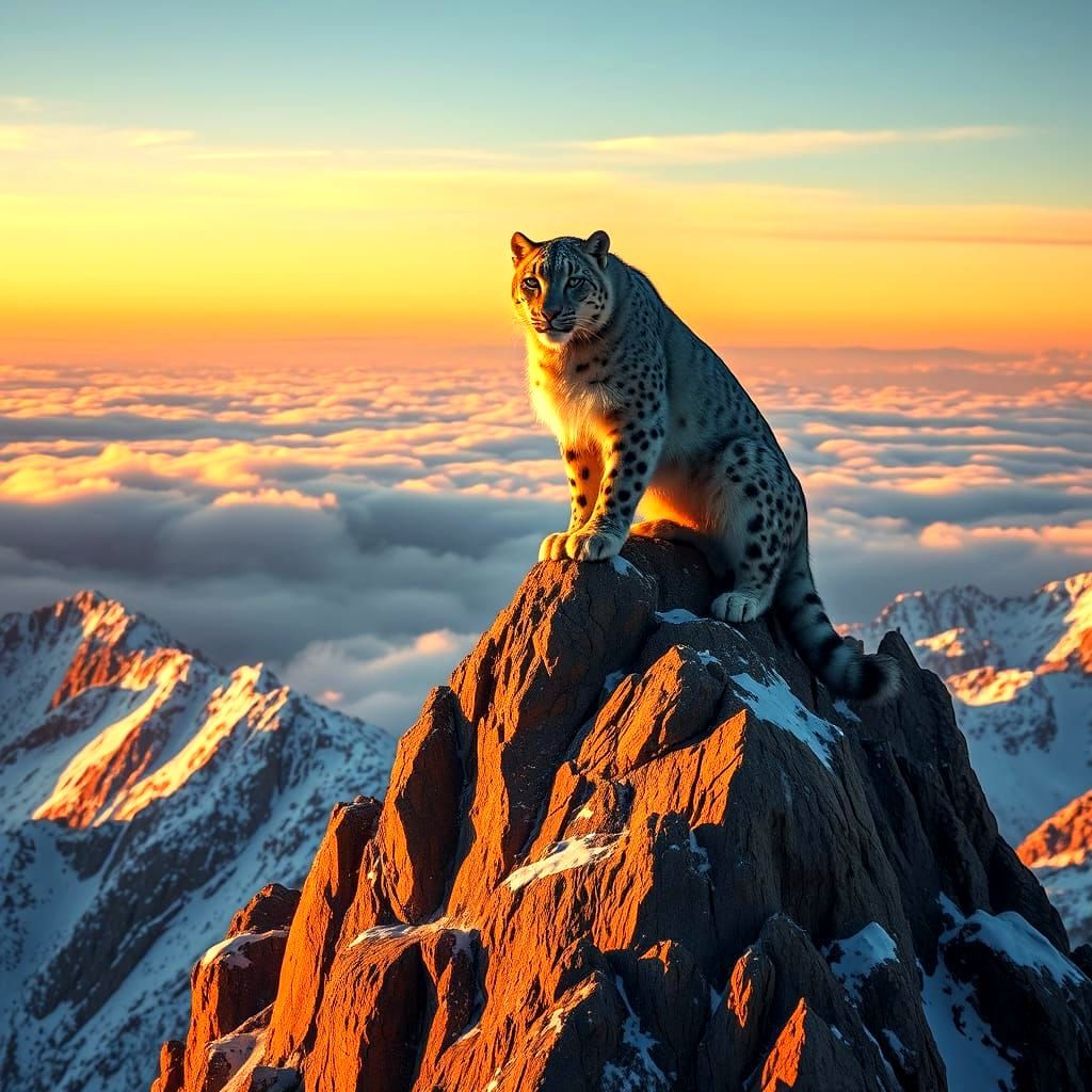 Snow Leopard Sunset: Hyperrealistic Fantasy Art