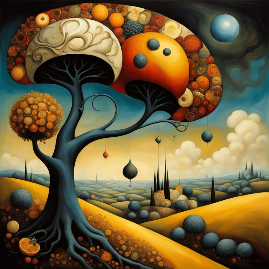 Surrealistic Still Life in a Dreamlike Landscape with Bold B...