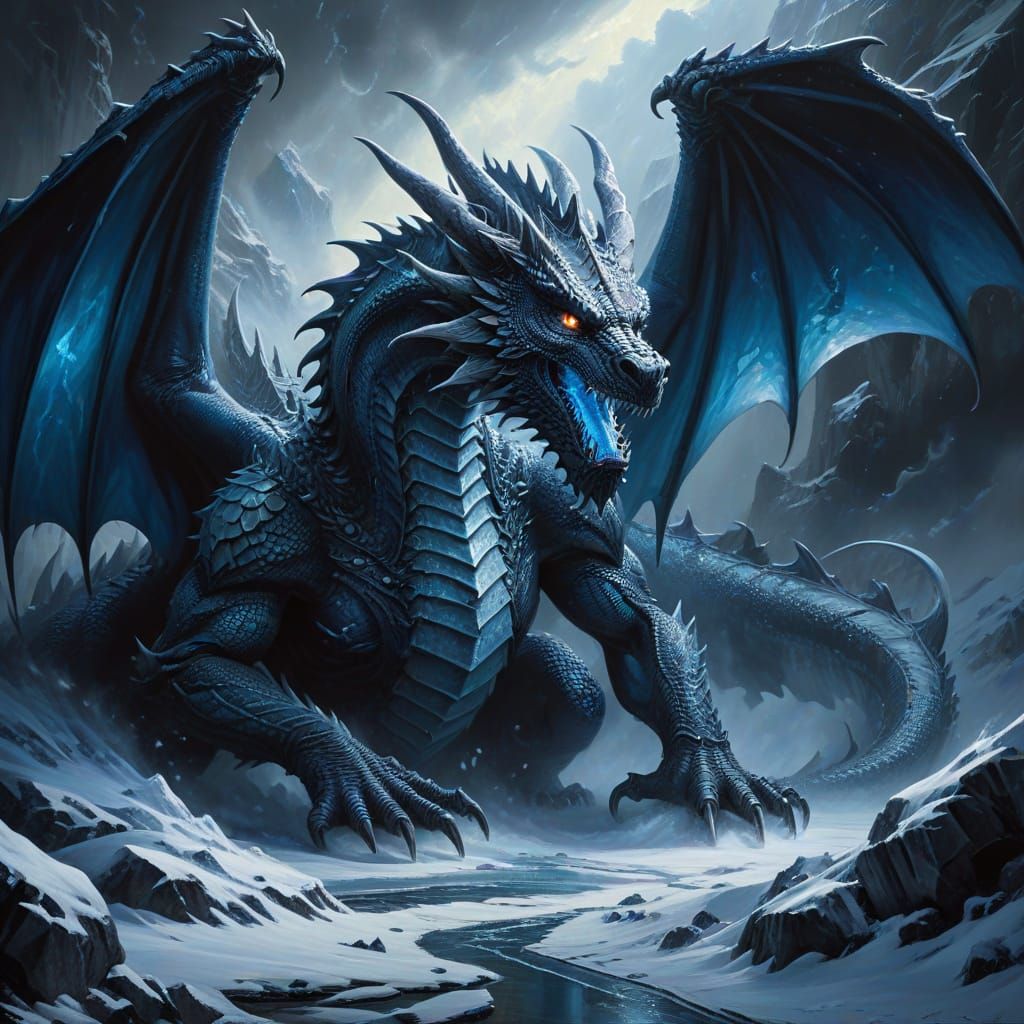 Surrealist Ice Dragon in Blizzard Oil Painting