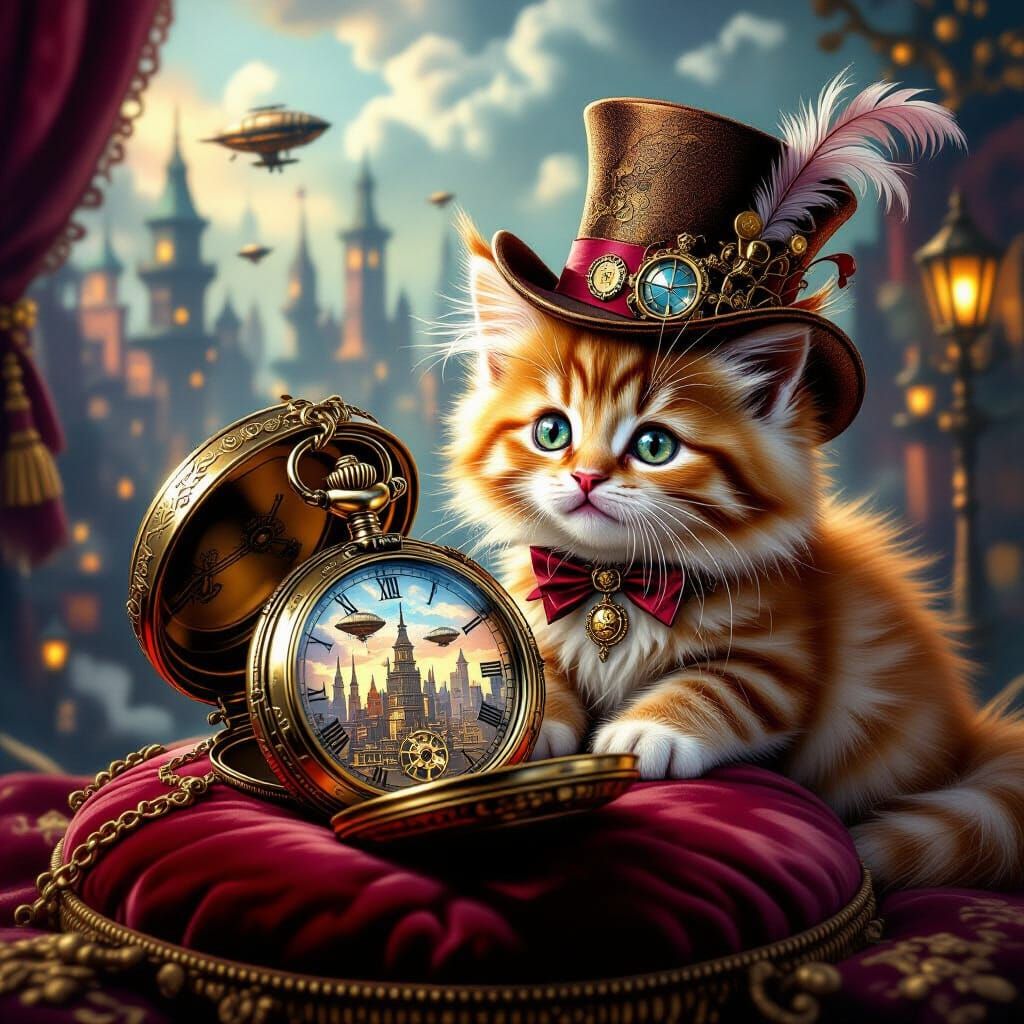 Steampunk Kitten with Pocket Watch on Velvet Cushion