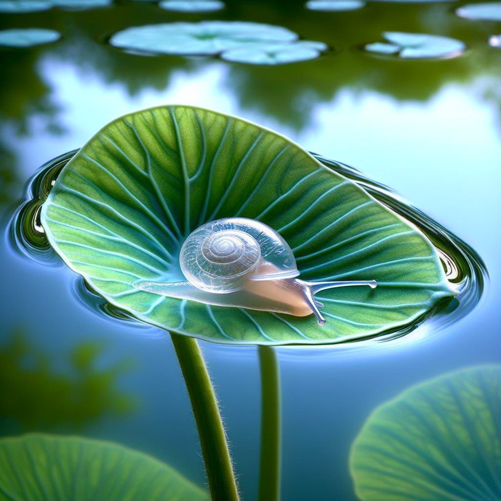 Surreal Macro Photography of Transparent Baby Snail on Taro....