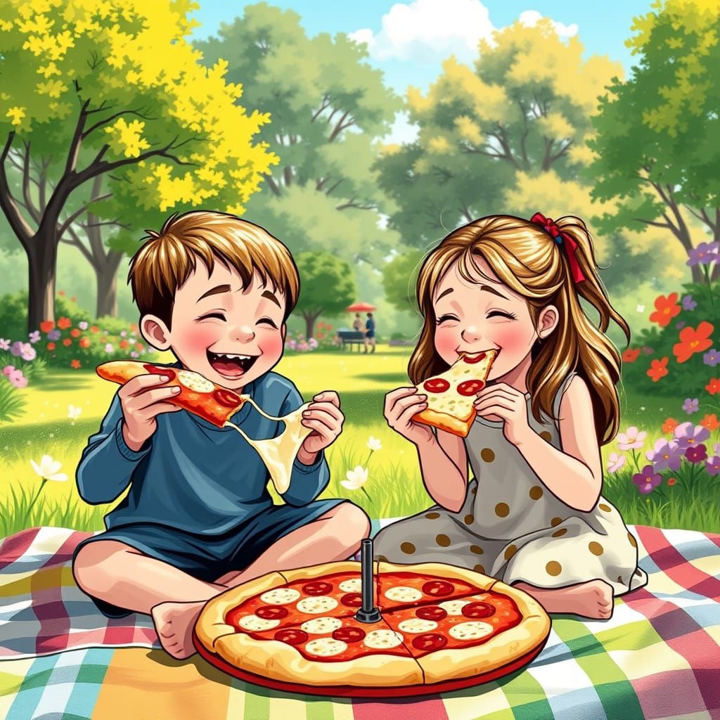 Children Enjoying Pizza on a Colorful Picnic Blanket in a Wh...