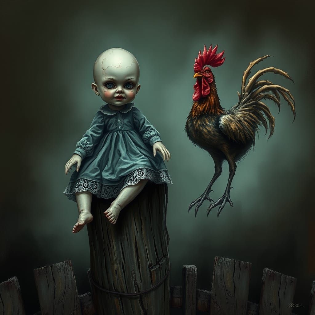 Haunted Chicken and Doll in Gothic Horror Style