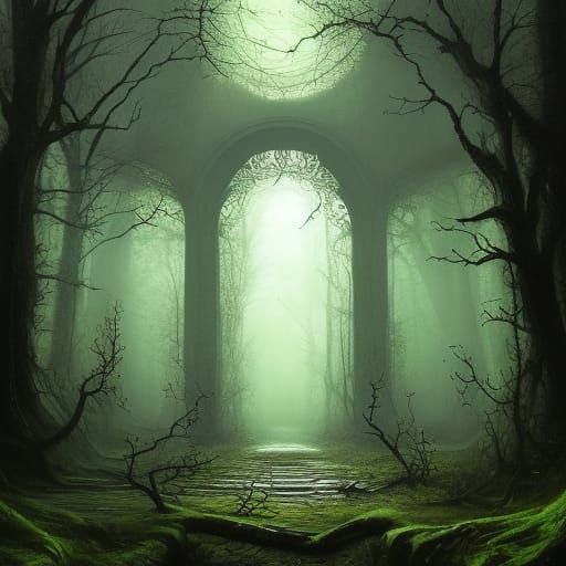 Gothic Portal in Misty Deep Woods