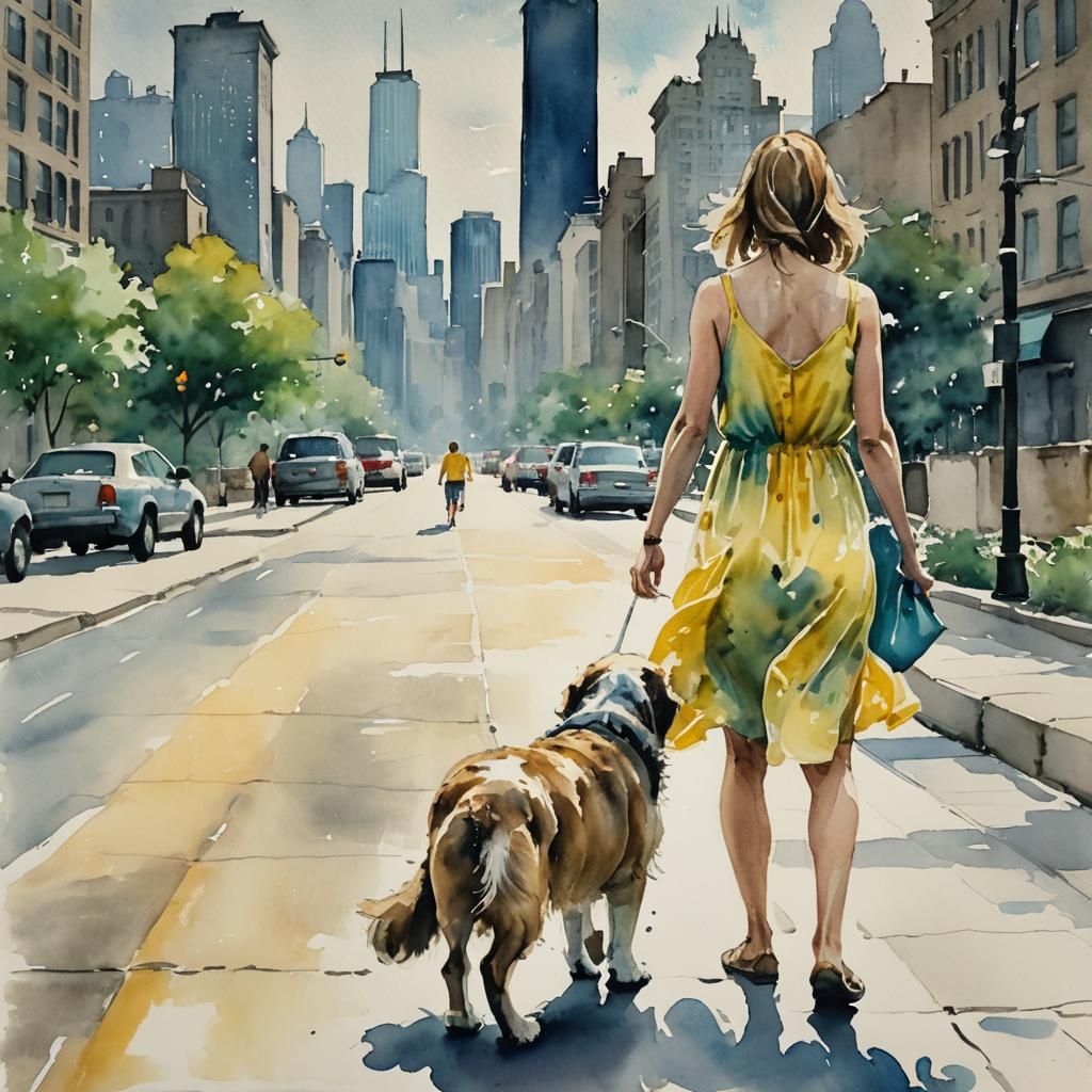 Woman Walking Dog in Chicago, Watercolor Style