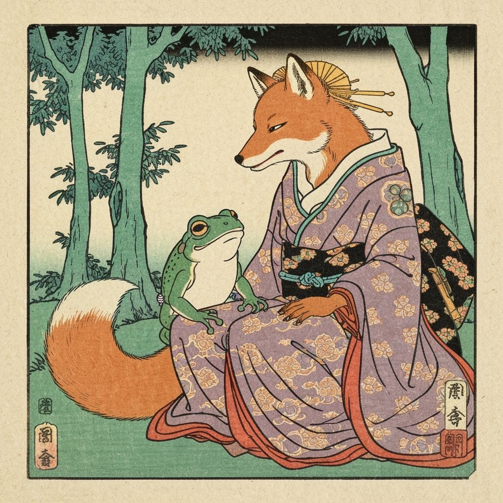 Fox in Kimono and Samurai Frog in Mystical Forest Edo Ukiyo-...
