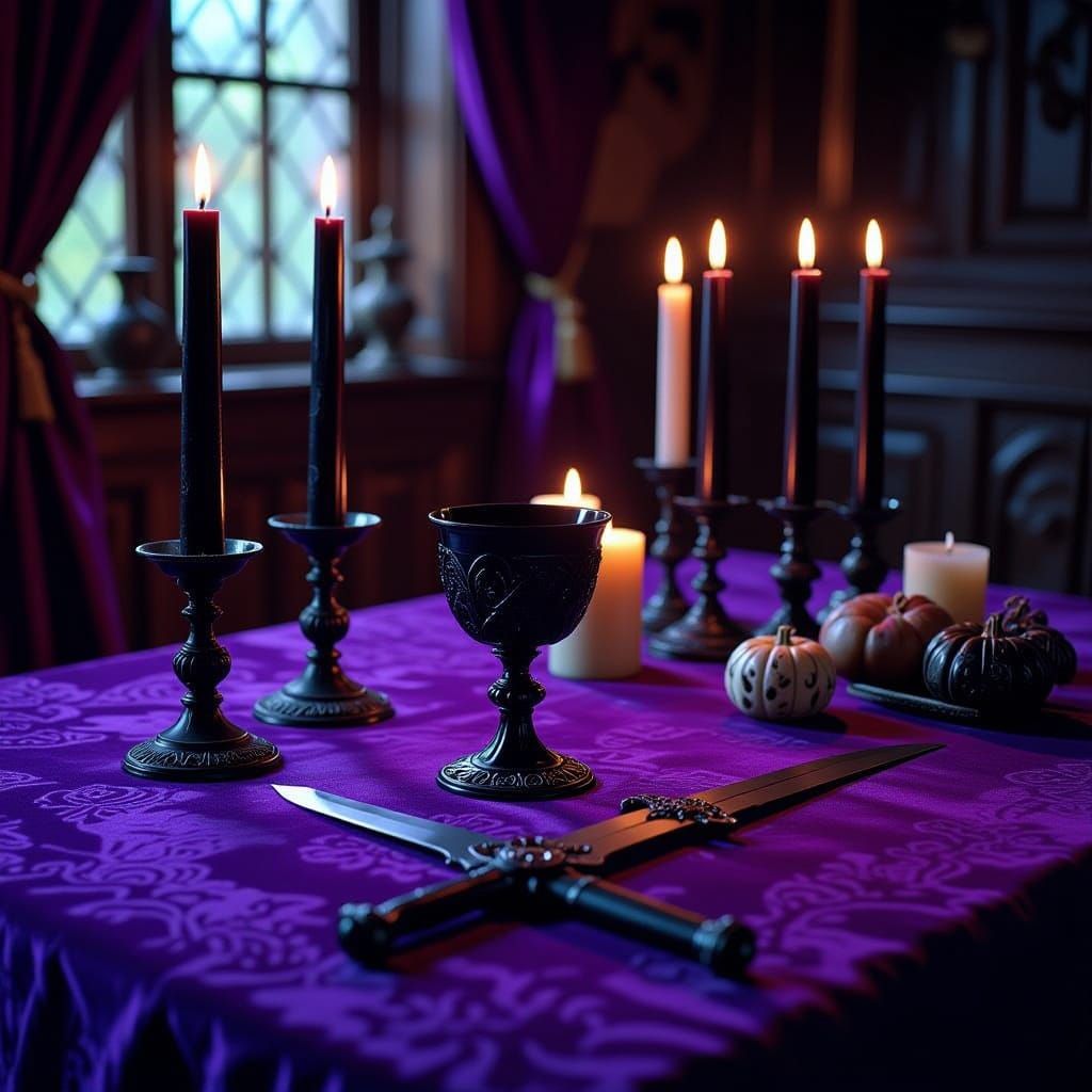 Wiccan Altar for Samhain with Chalice, Candles, and Athame