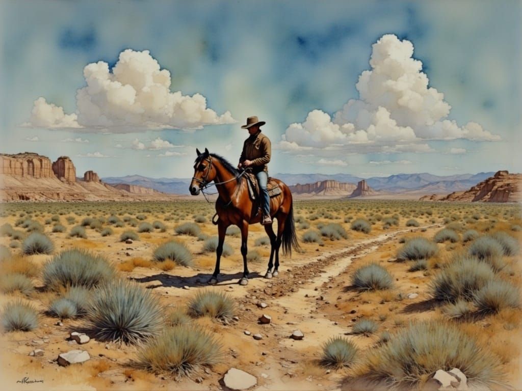 Cowboy Rides Through Tabernas Desert in Painterly Style