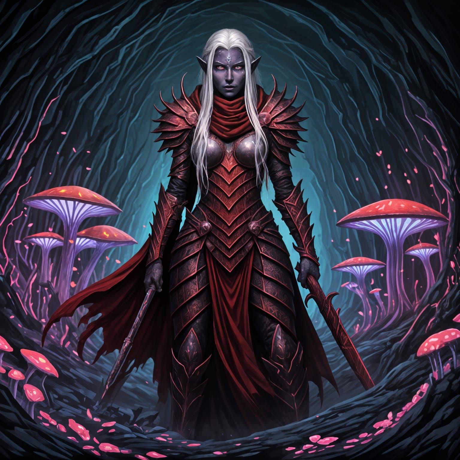 Drow Warrior in Bioluminescent Underdark Chasm