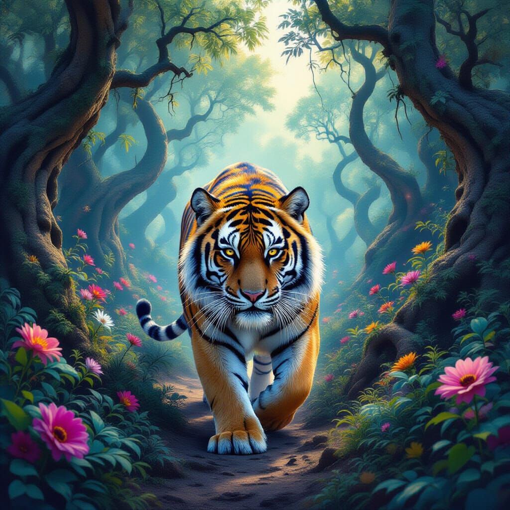 Cosmic Tiger in Ancient Forest Matte Painting