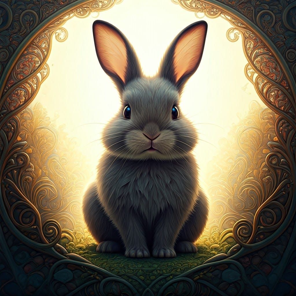 Adorable Rabbit in Dreamlike Art Nouveau Meadow