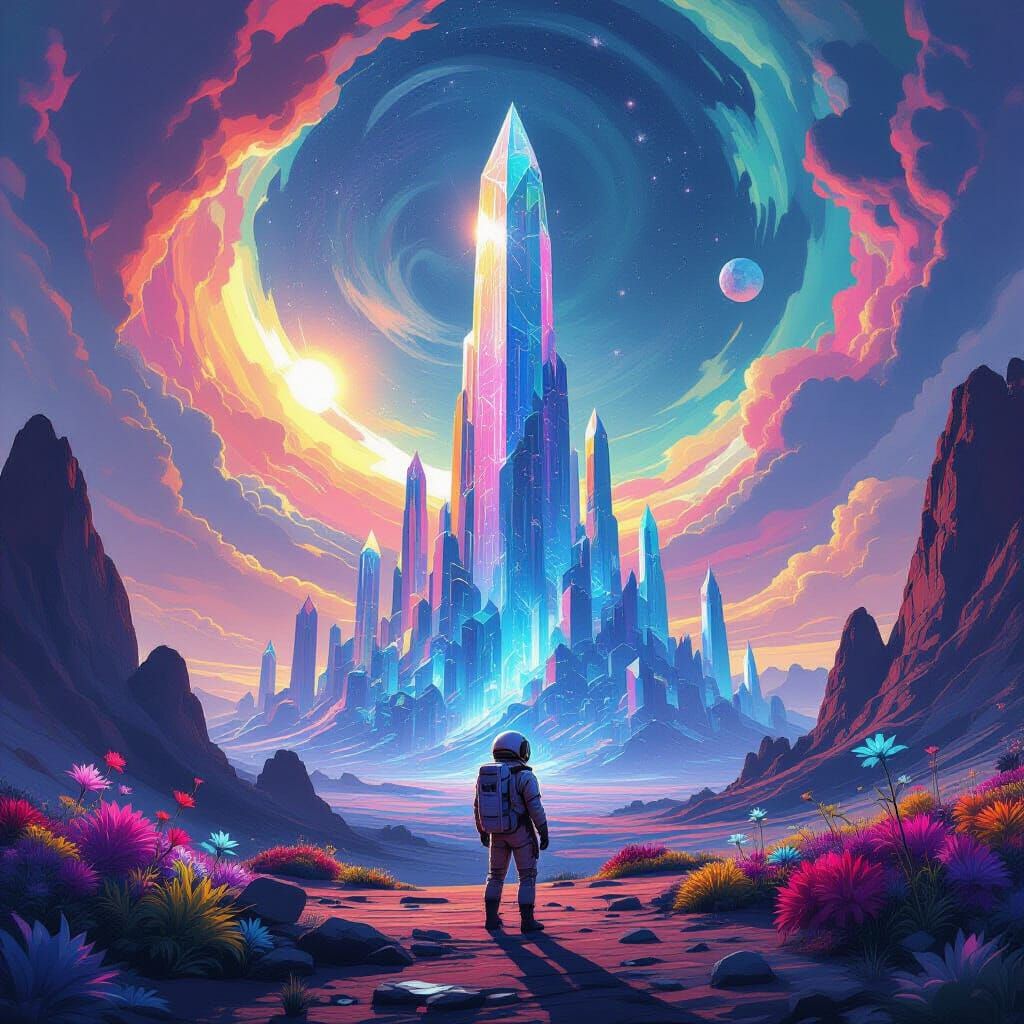 Astronaut Gazes at Alien Crystalline City in Retro-Futurist ...