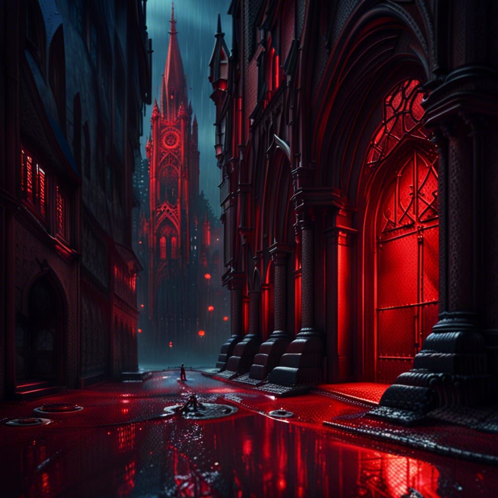 Rainy Gothic City View from Manhole